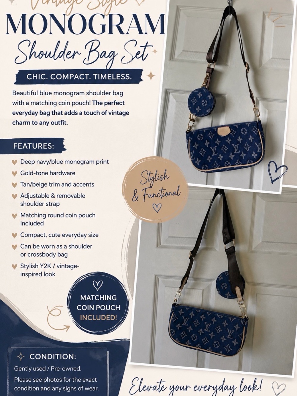 Monogram Shoulder Bag Set - Navy Blue